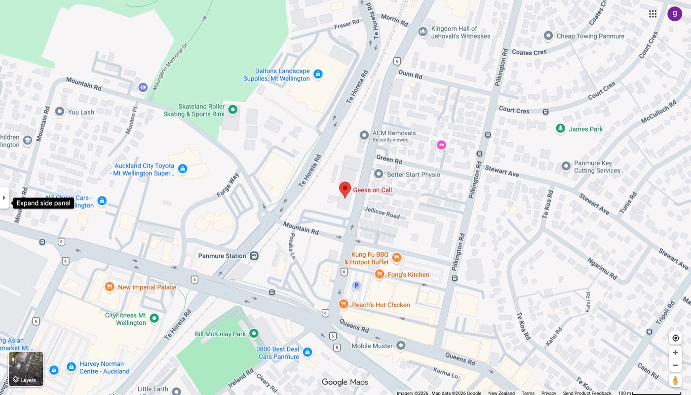 Map showing Geeks On Call location at 39 Jellicoe Road, Panmure