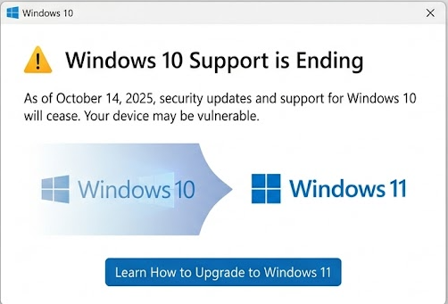 Windows 10 Support is Ending notification showing security updates cease 14 October 2025 and a prompt to upgrade to Windows 11